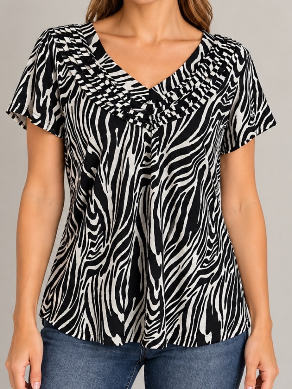 Dana Buchman Zebra Print Blouse Small Black White Pleated V Neck Top